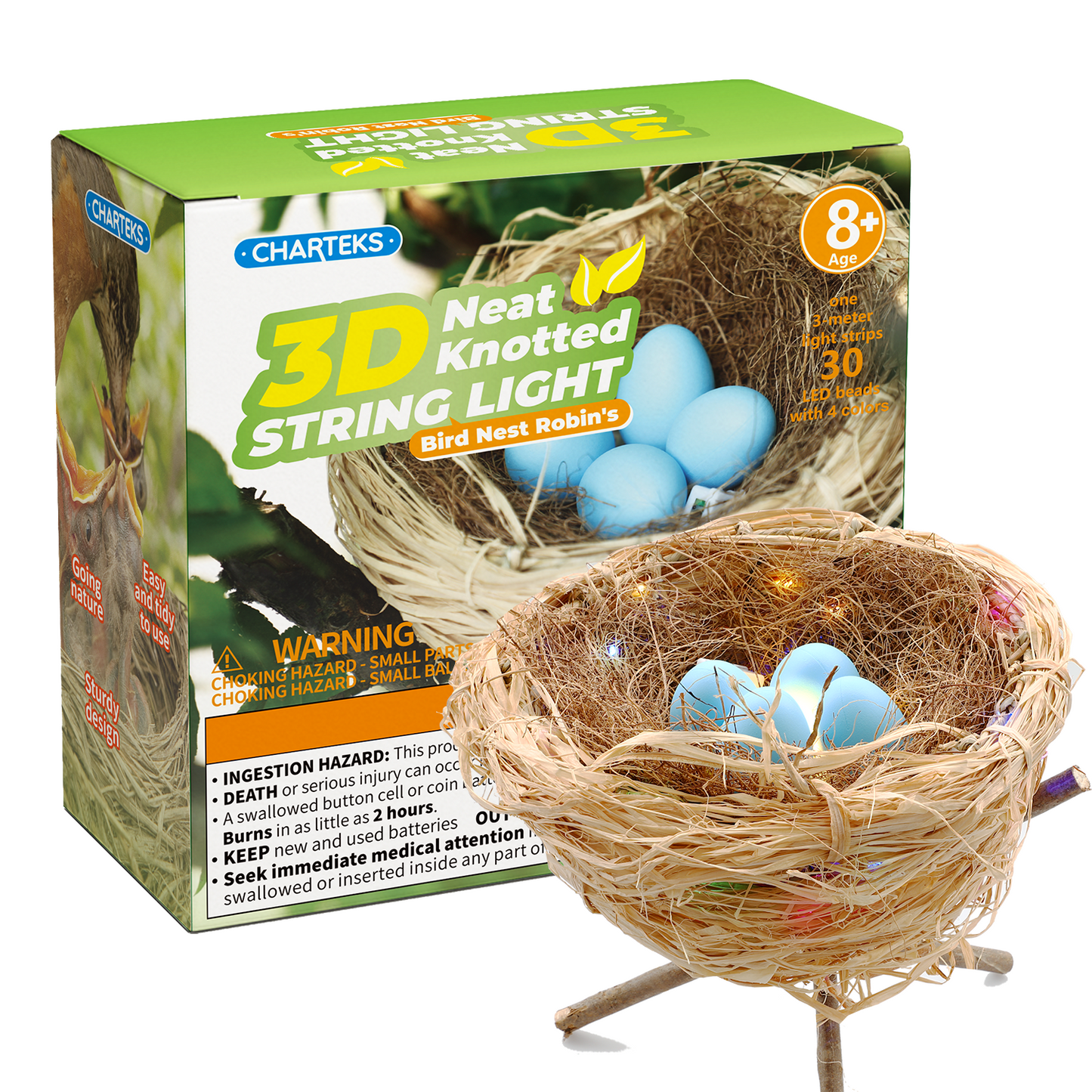 CHARTEKS DIY Bird Nest Craft Kit with 30 Twinkle LEDs and Simulated Eggs – Natural String Art Set for Home Décor, Kids STEM Toy, Creative Birthday Gift for Boys Girls Age 8+ (Robin)