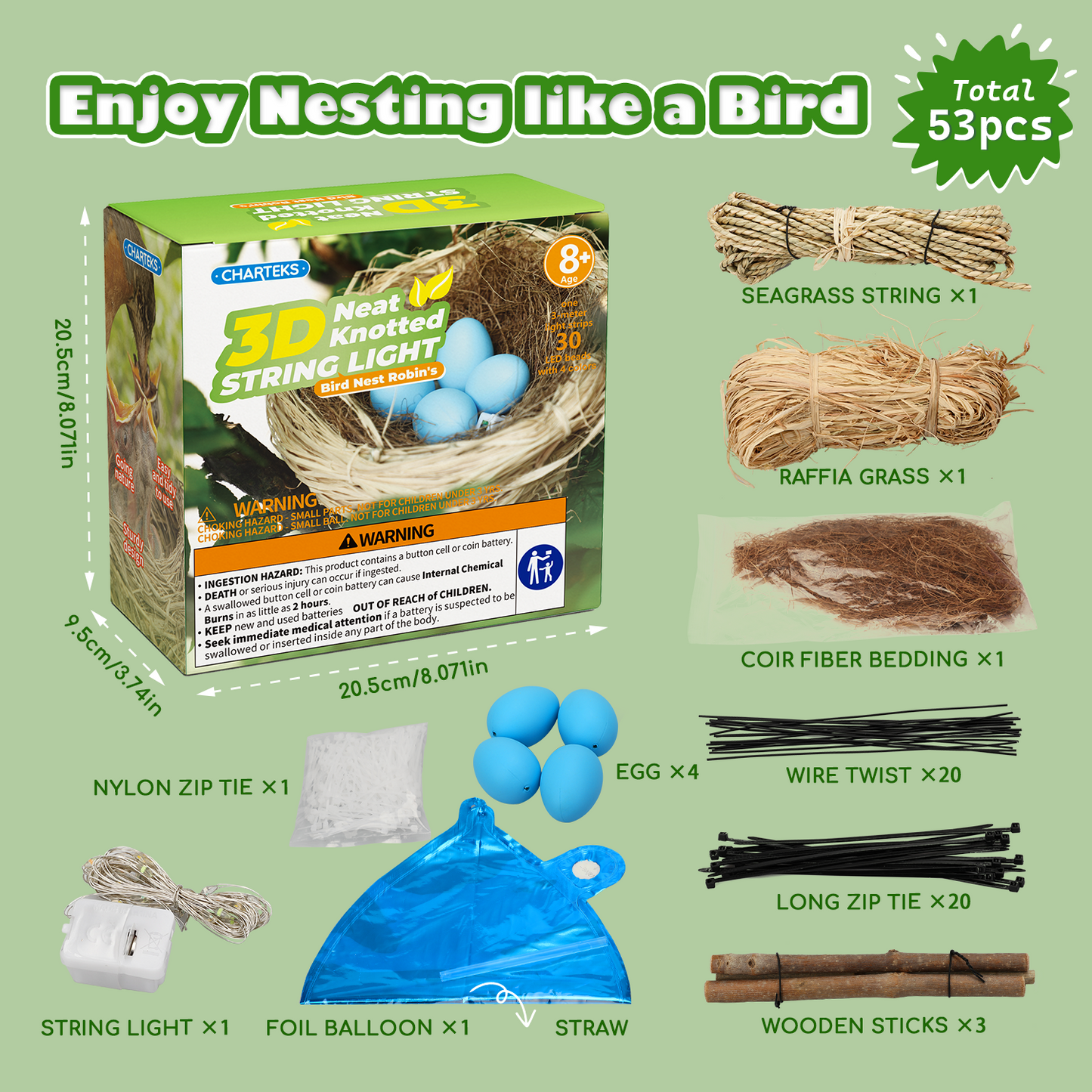 CHARTEKS DIY Bird Nest Craft Kit with 30 Twinkle LEDs and Simulated Eggs – Natural String Art Set for Home Décor, Kids STEM Toy, Creative Birthday Gift for Boys Girls Age 8+ (Robin)