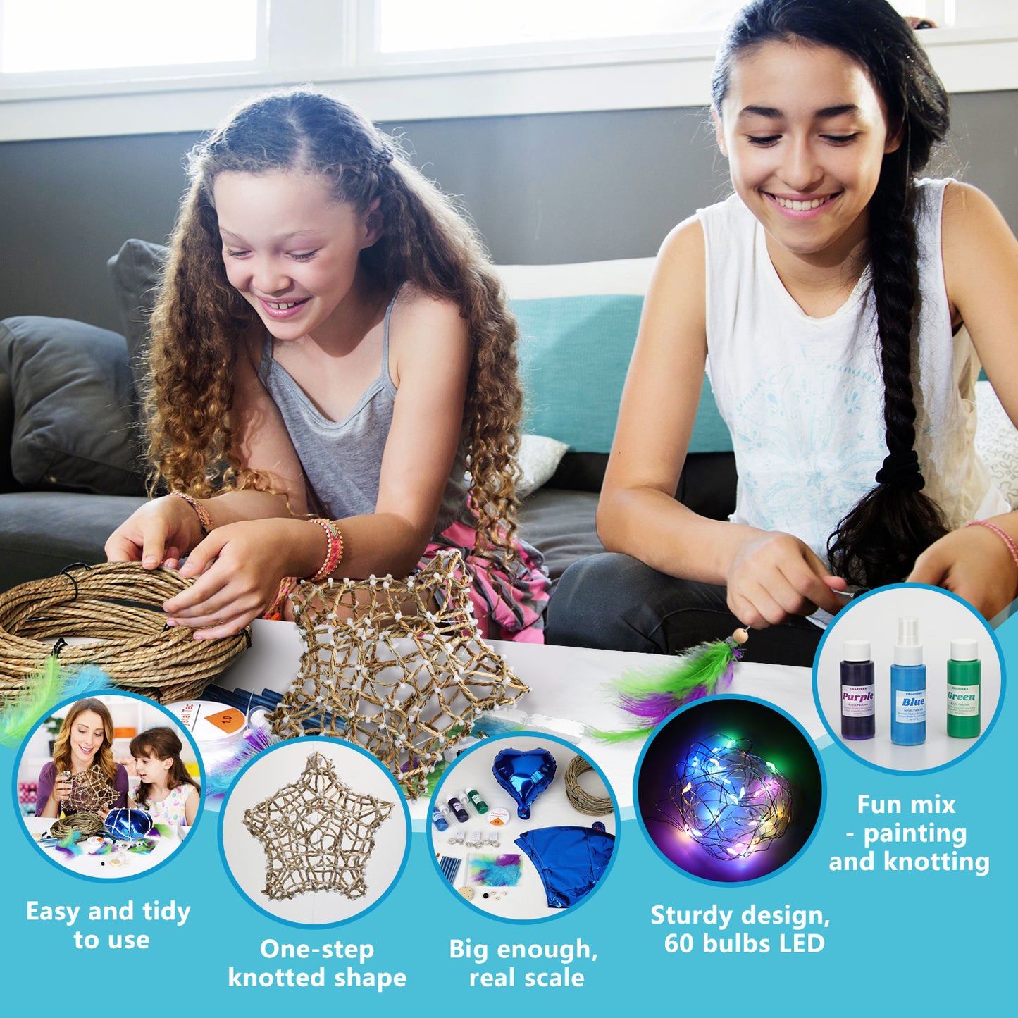 CHARTEKS 3D String Art Kit with LED Lights for Kids | Glue-Free Craft Kit with Wind Chime & Spray Paint | Creative Arts and Crafts Gift for Girls & Boys Ages 8-12 (Seagrass, Original)