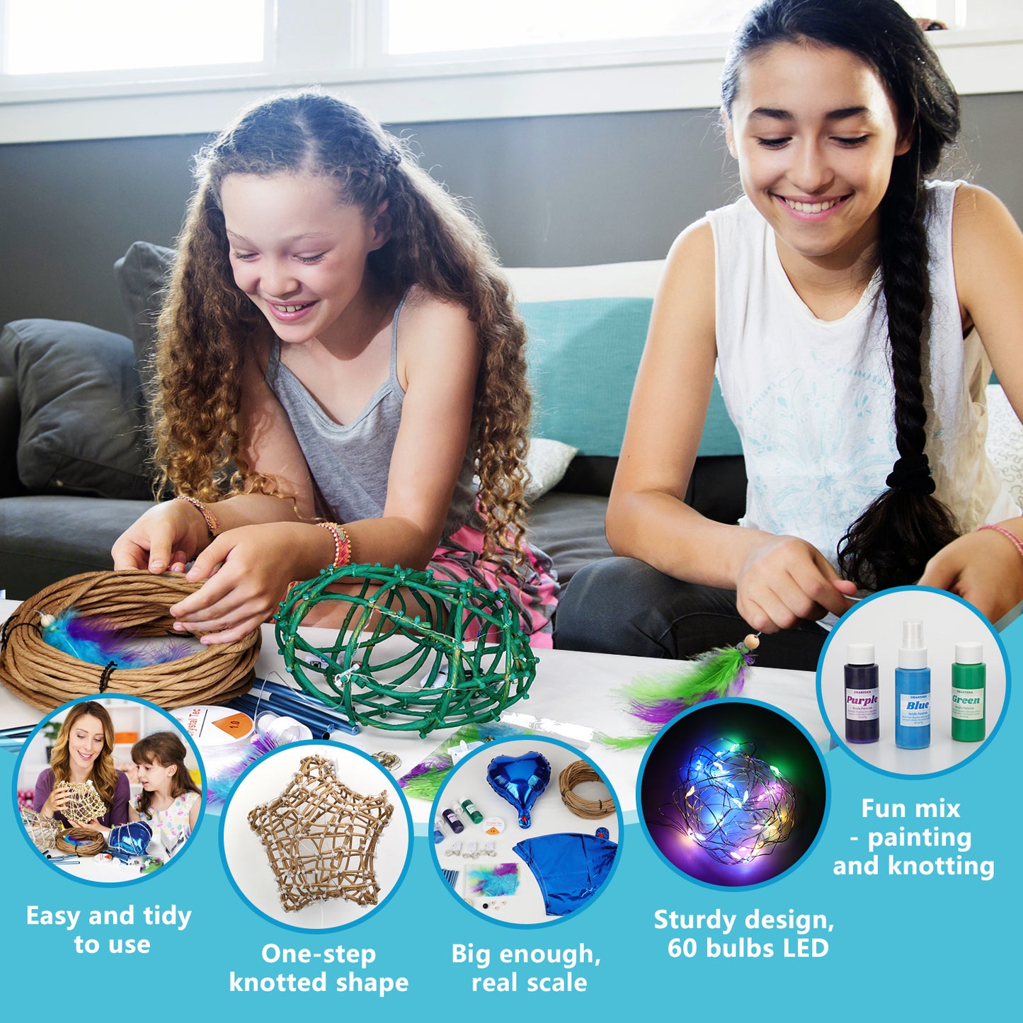 CHARTEKS 3D String Art Kit with LED Lights for Kids | Glue-Free Craft Kit with Wind Chime & Spray Paint | Creative Arts and Crafts Gift for Girls & Boys Ages 8-12 (Paper String, With Paint)