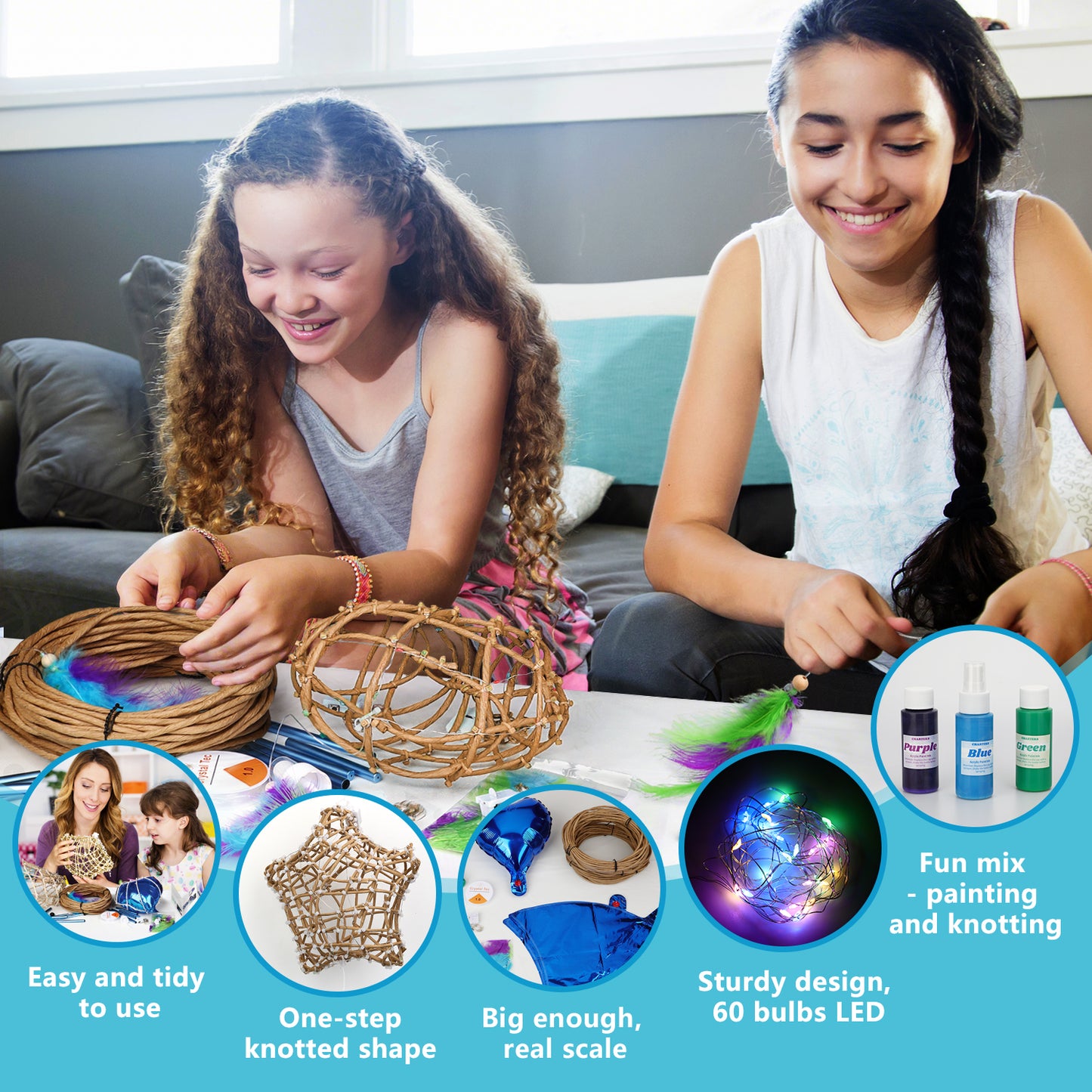 CHARTEKS 3D String Art Kit with LED Lights for Kids | Glue-Free Craft Kit with Wind Chime & Spray Paint | Creative Arts and Crafts Gift for Girls & Boys Ages 8-12 (Paper String, Original)