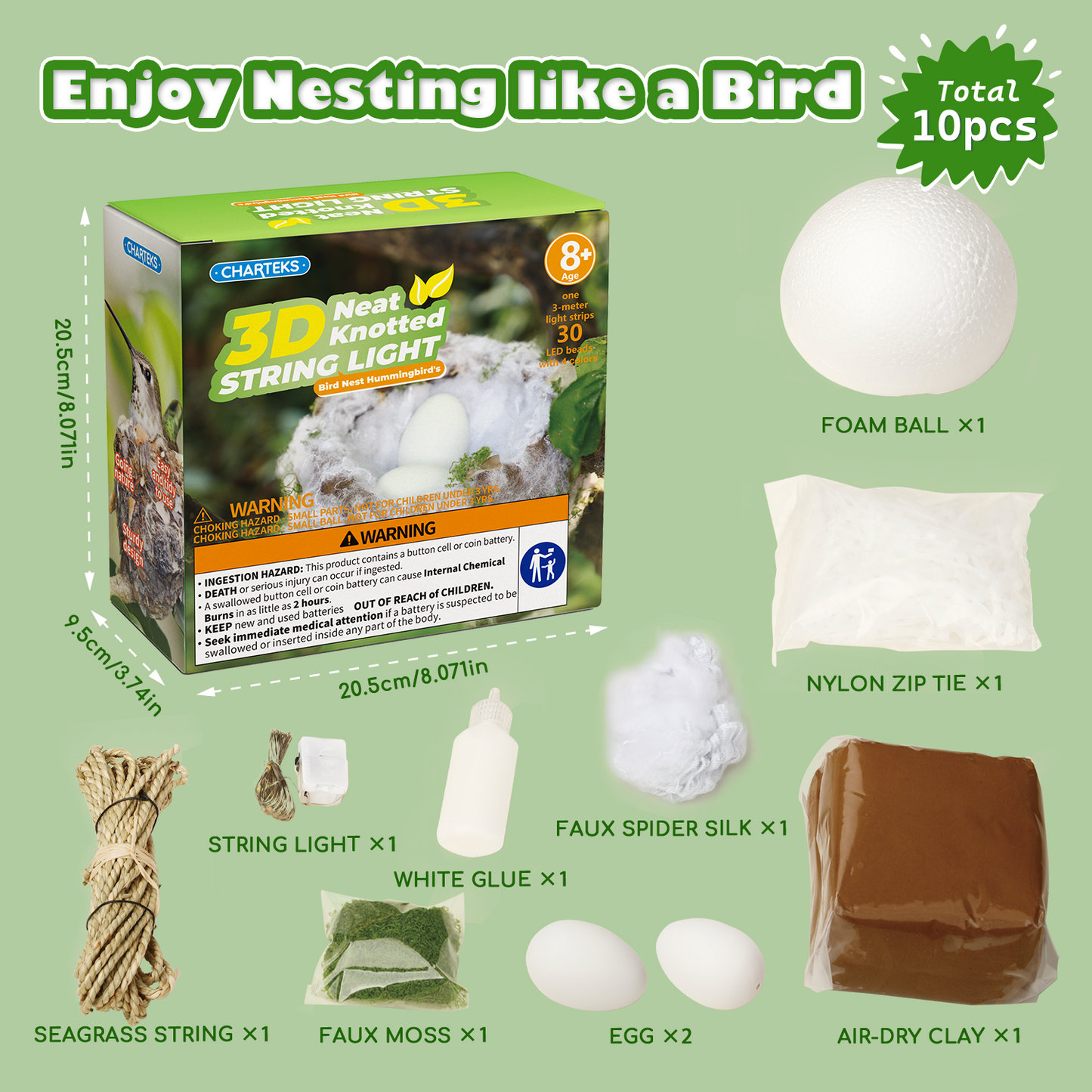 CHARTEKS Bird Nest Craft Kit with LED String Lights - DIY Nature Arts and Crafts STEM Project for Kids & Adults, Creative Home Decor Gift for Boys Girls Ages 8-12 (Hummingbird)