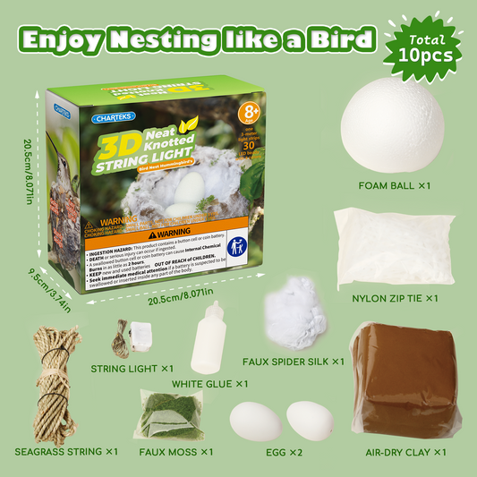 CHARTEKS Bird Nest Craft Kit with LED String Lights - DIY Nature Arts and Crafts STEM Project for Kids & Adults, Creative Home Decor Gift for Boys Girls Ages 8-12 (Hummingbird)