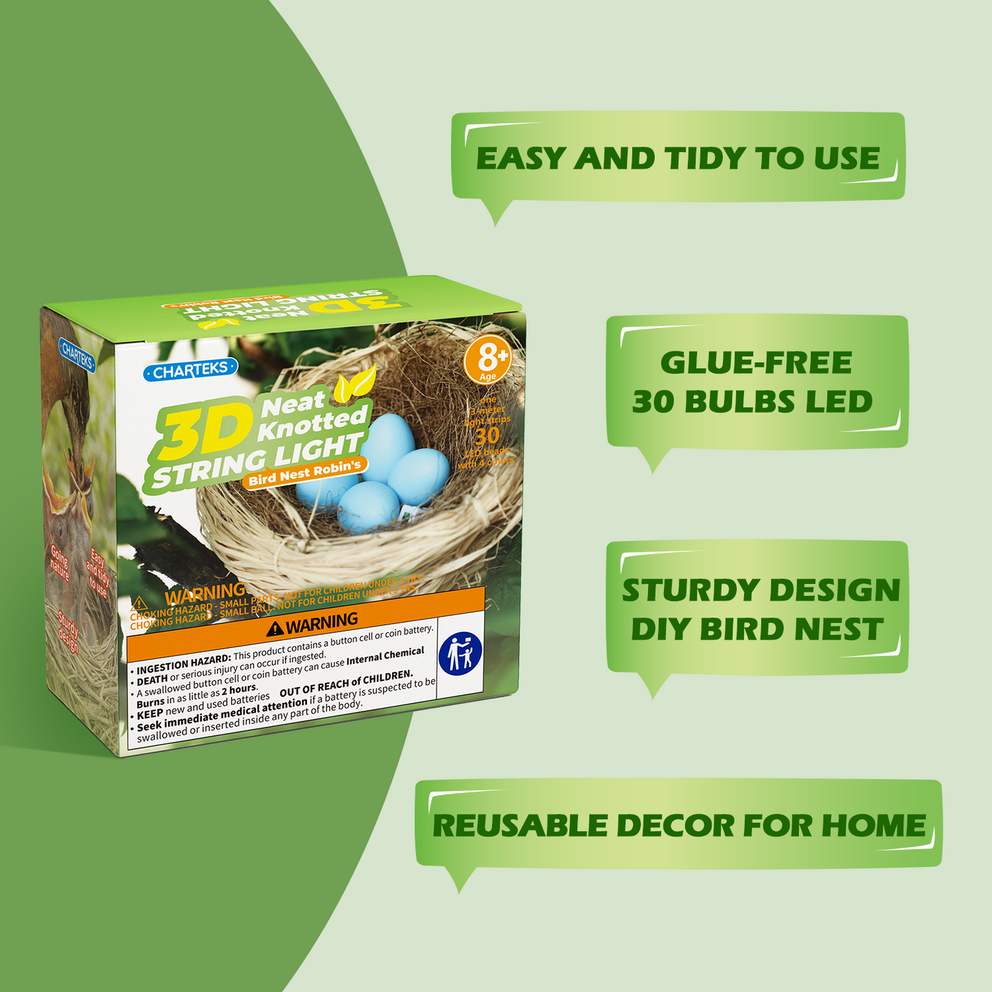 CHARTEKS DIY Bird Nest Craft Kit with 30 Twinkle LEDs and Simulated Eggs – Natural String Art Set for Home Décor, Kids STEM Toy, Creative Birthday Gift for Boys Girls Age 8+ (Robin)