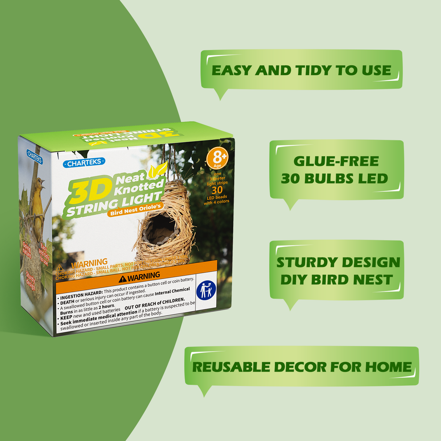 CHARTEKS Bird Nest Craft Kit with LED String Lights - DIY Nature Arts and Crafts STEM Project for Kids & Adults, Creative Home Decor Gift for Boys Girls Ages 8-12 (Oriole)