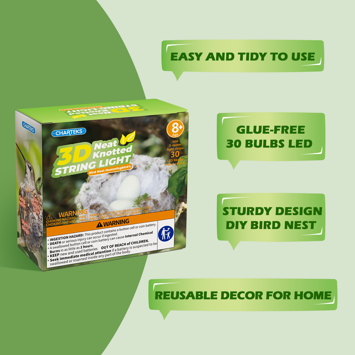 CHARTEKS Bird Nest Craft Kit with LED String Lights - DIY Nature Arts and Crafts STEM Project for Kids & Adults, Creative Home Decor Gift for Boys Girls Ages 8-12 (Hummingbird)