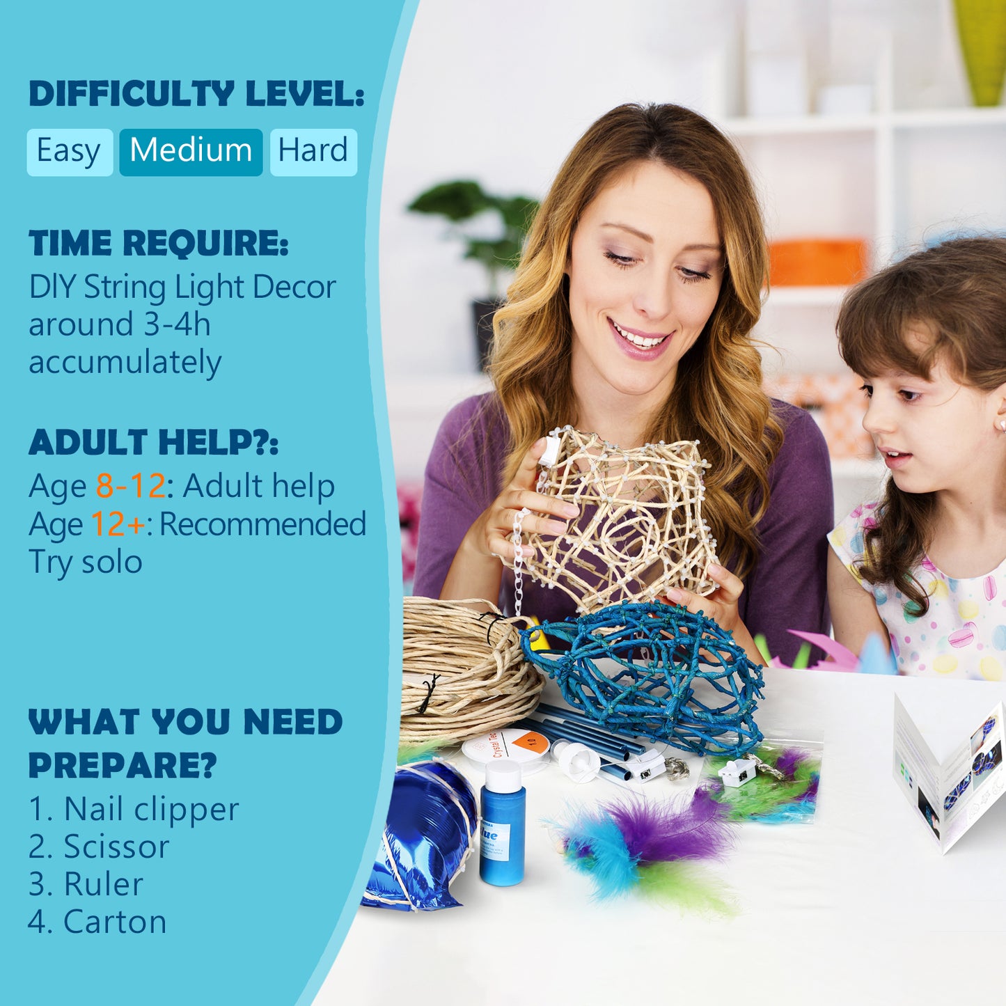 CHARTEKS 3D String Art Kit with LED Lights for Kids | Glue-Free Craft Kit with Wind Chime & Spray Paint | Creative Arts and Crafts Gift for Girls & Boys Ages 8-12 (Seagrass String, With Paint)