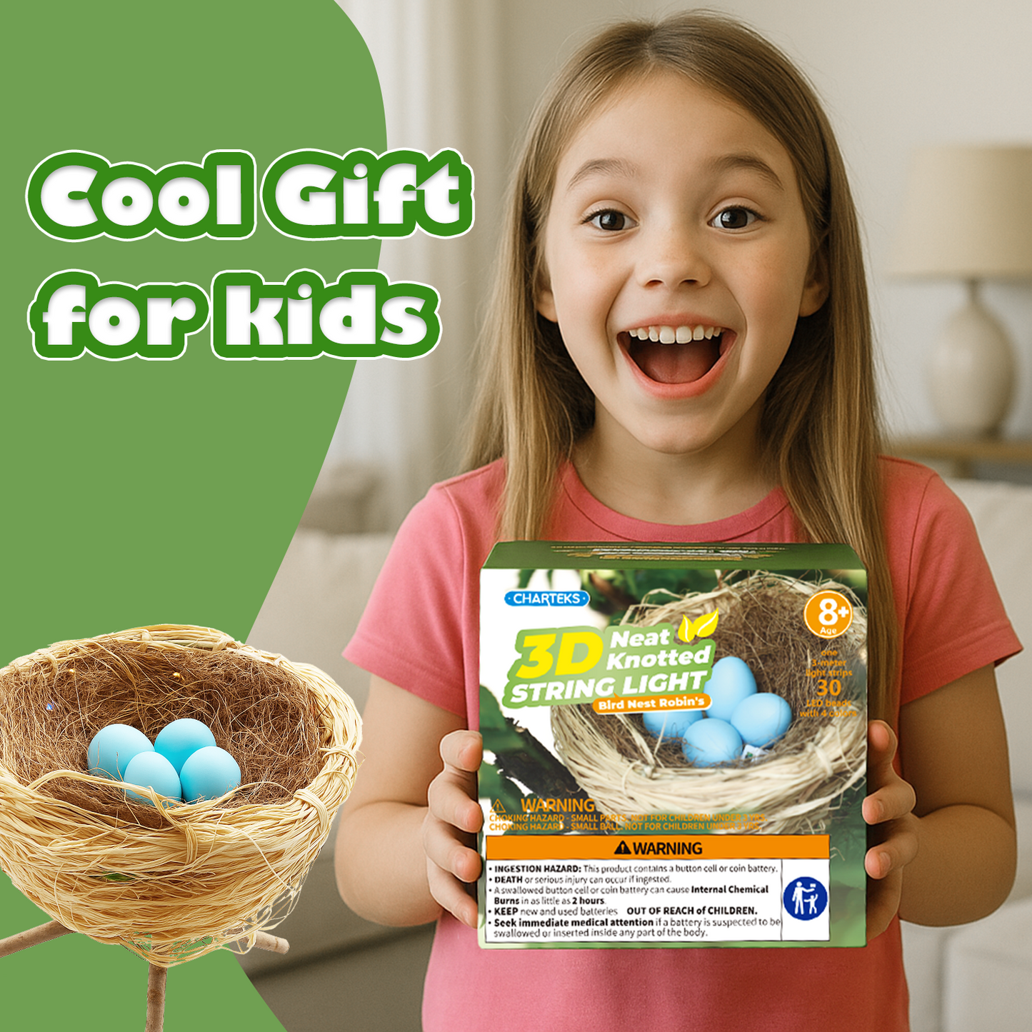CHARTEKS DIY Bird Nest Craft Kit with 30 Twinkle LEDs and Simulated Eggs – Natural String Art Set for Home Décor, Kids STEM Toy, Creative Birthday Gift for Boys Girls Age 8+ (Robin)
