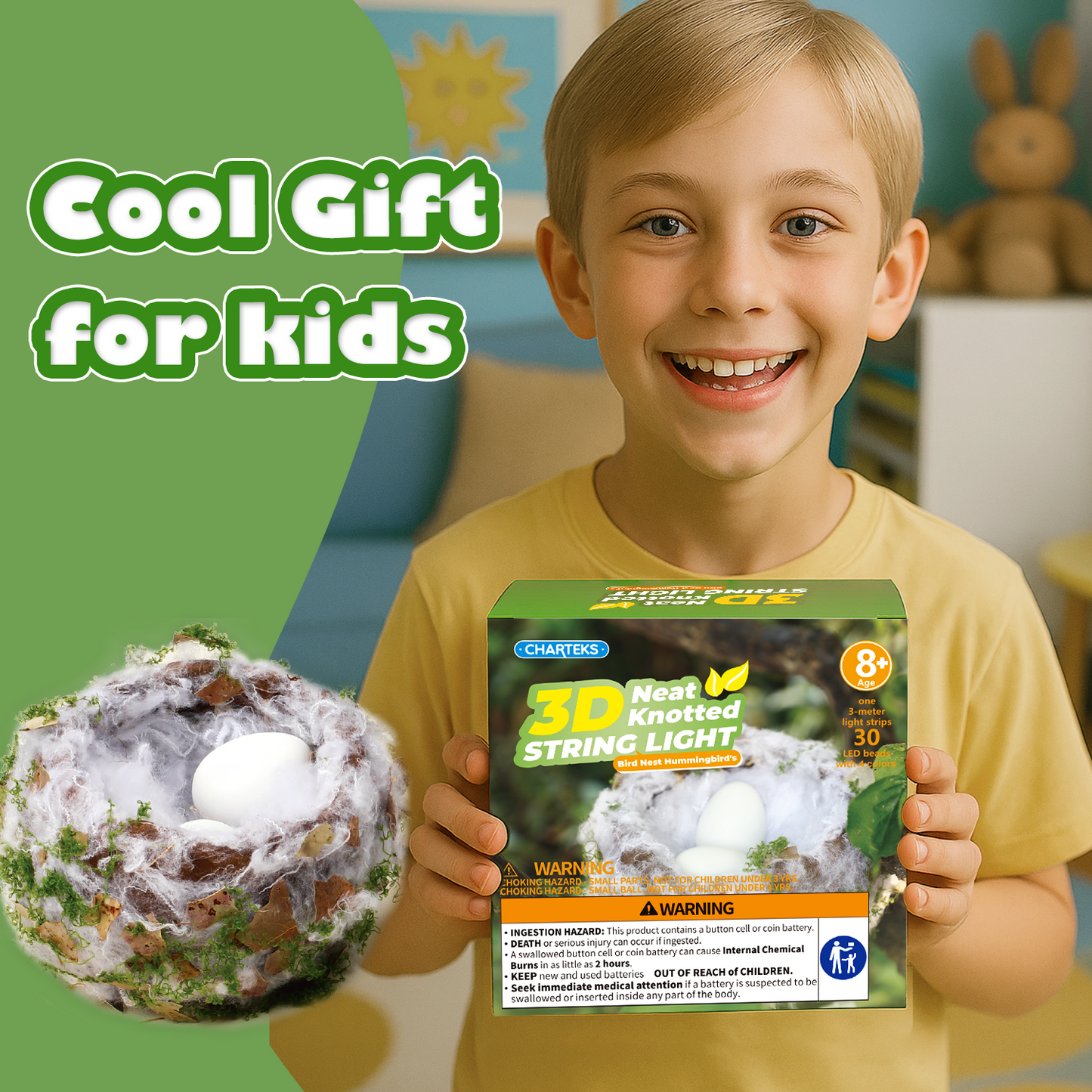 CHARTEKS Bird Nest Craft Kit with LED String Lights - DIY Nature Arts and Crafts STEM Project for Kids & Adults, Creative Home Decor Gift for Boys Girls Ages 8-12 (Hummingbird)