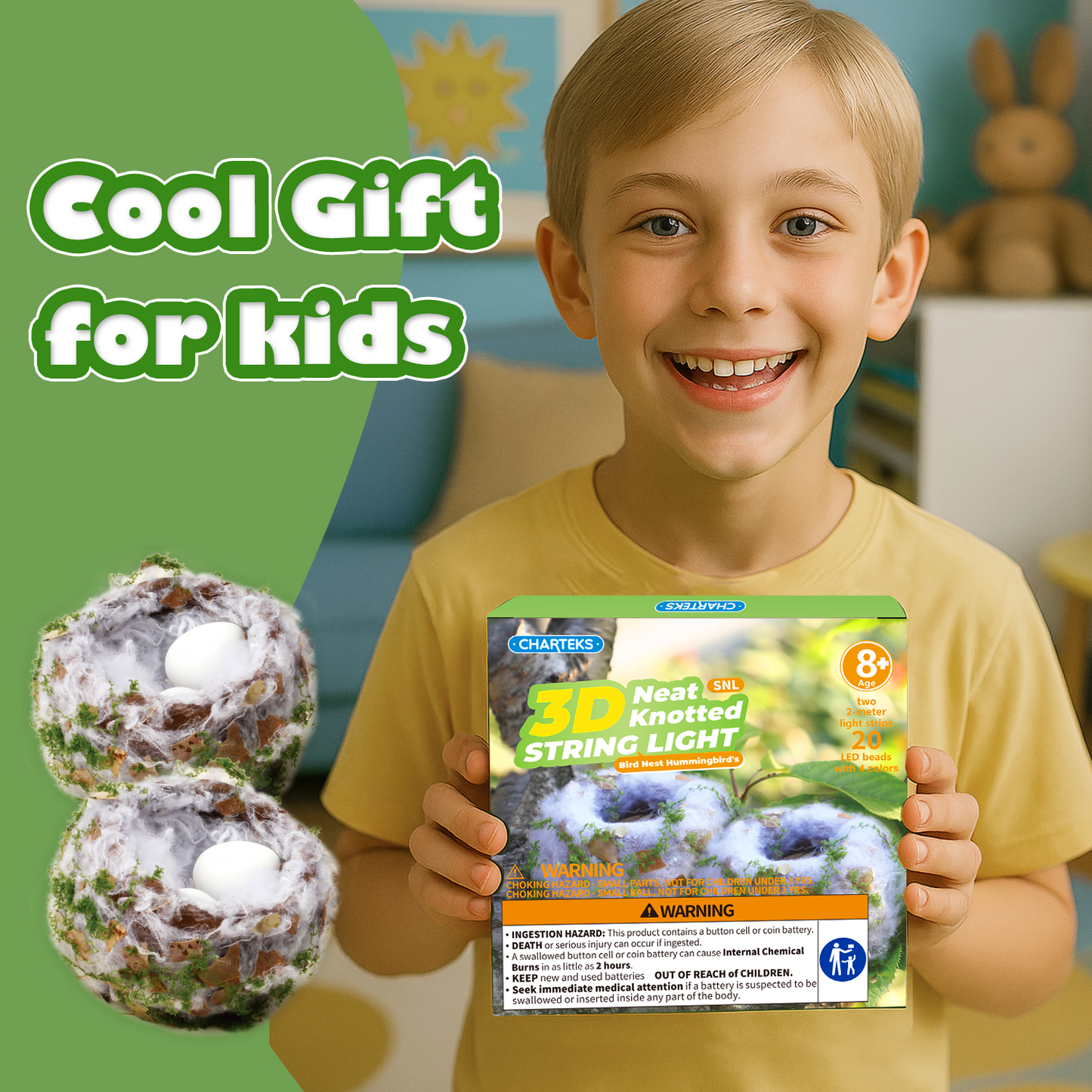 CHARTEKS Bird Nest Craft Kit with LED String Lights - DIY Nature Arts and Crafts STEM Project for Kids & Adults, Creative Home Decor Gift for Boys Girls Ages 8-12 (Hummingbird SNL)