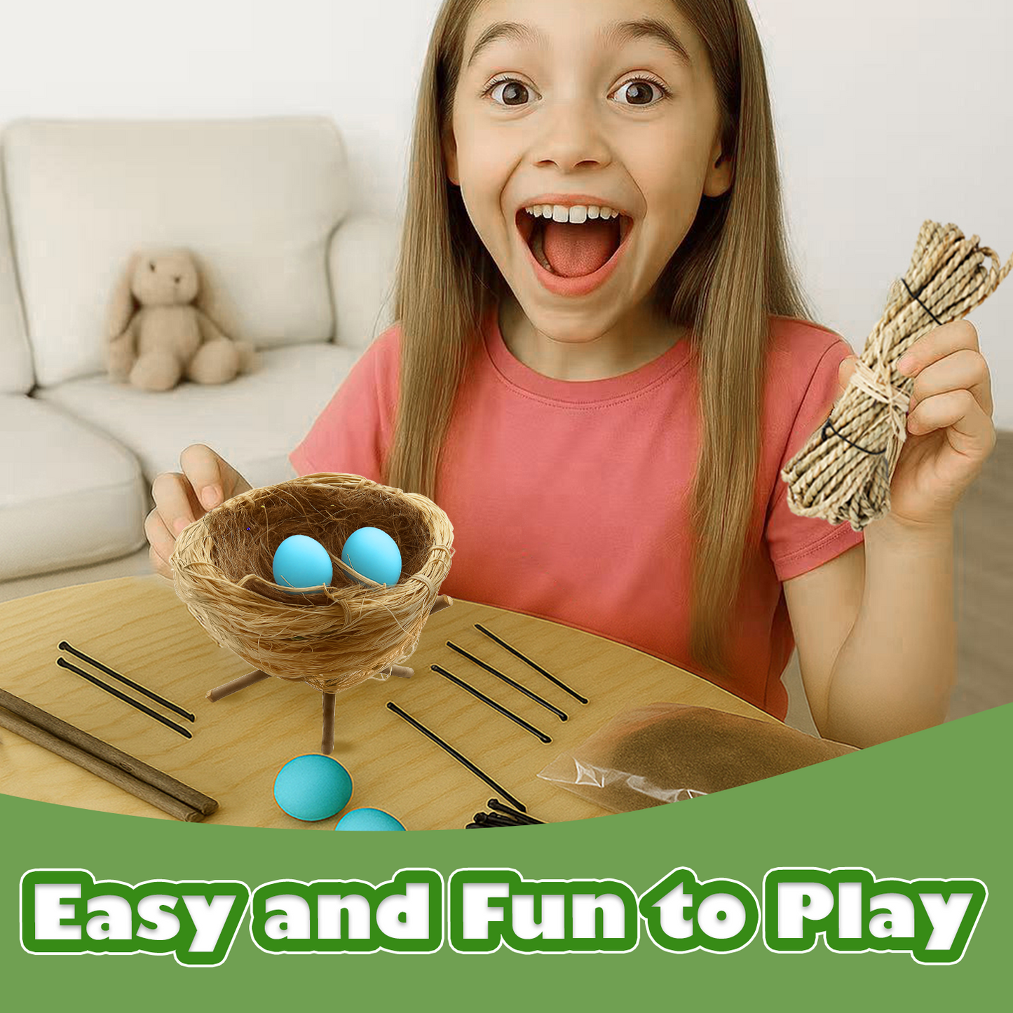 CHARTEKS DIY Bird Nest Craft Kit with 30 Twinkle LEDs and Simulated Eggs – Natural String Art Set for Home Décor, Kids STEM Toy, Creative Birthday Gift for Boys Girls Age 8+ (Robin)