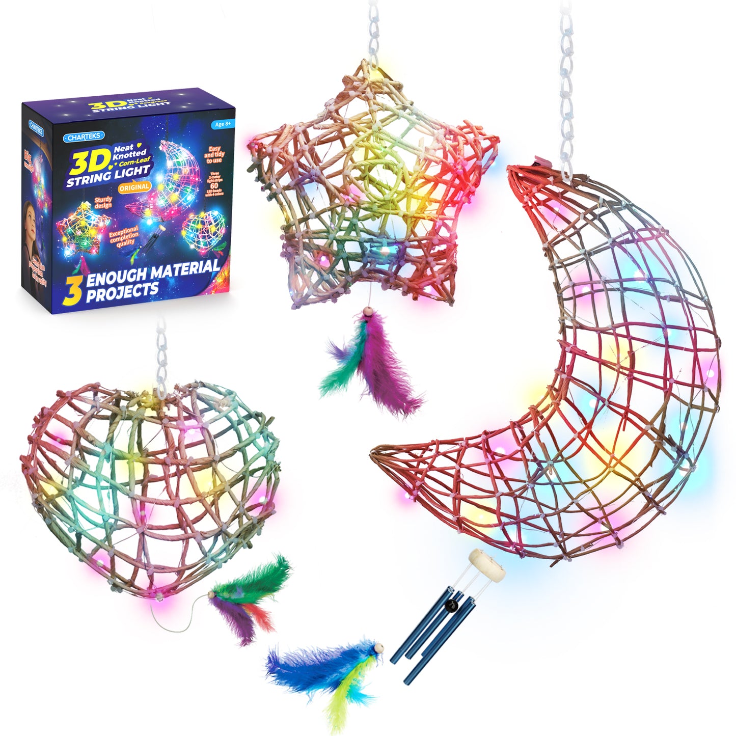CHARTEKS 3D String Art Kit with LED Lights for Kids | Glue-Free Craft Kit with Wind Chime & Spray Paint | Creative Arts and Crafts Gift for Girls & Boys Ages 8-12 (Paper String, Original)