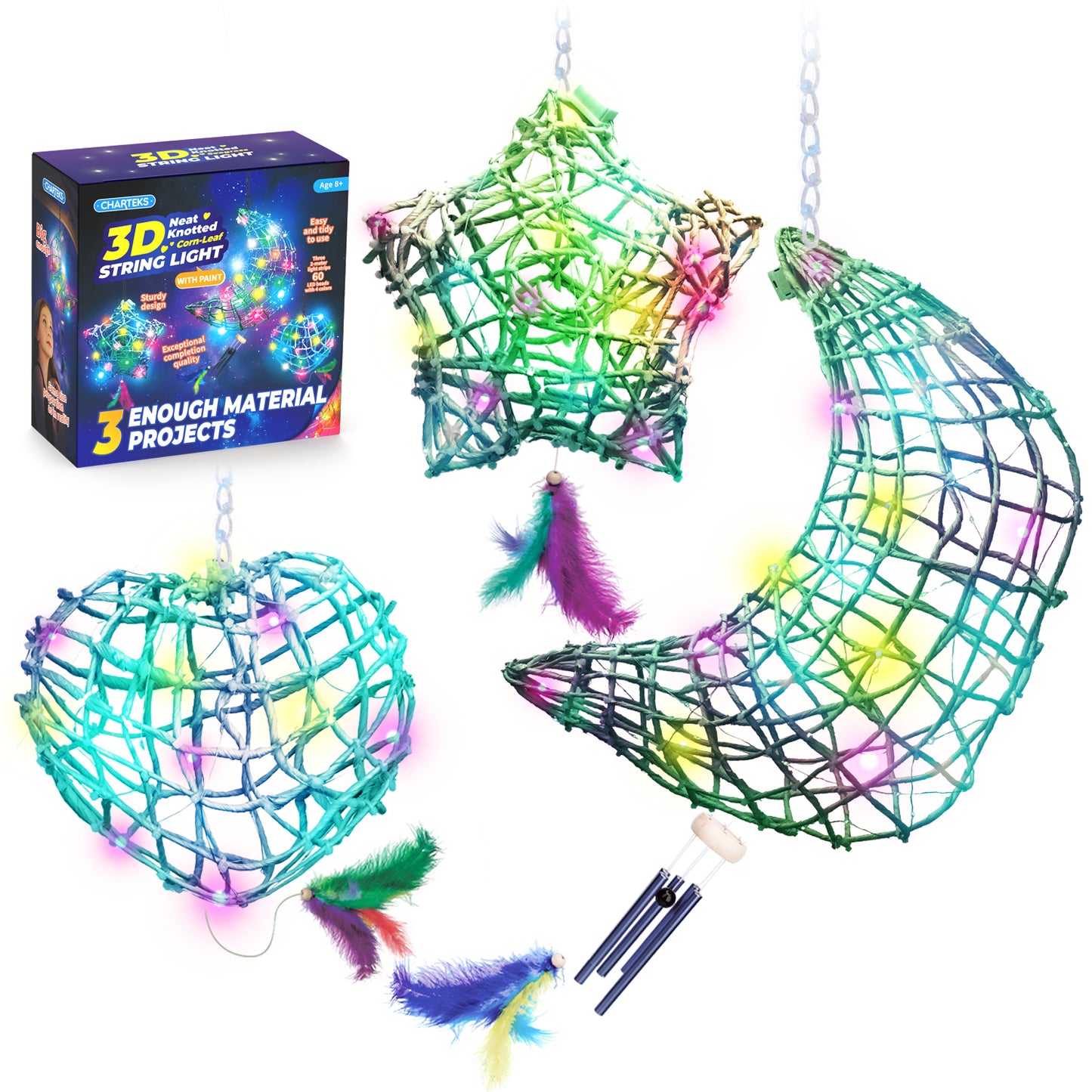 CHARTEKS 3D String Art Kit with LED Lights for Kids | Glue-Free Craft Kit with Wind Chime & Spray Paint | Creative Arts and Crafts Gift for Girls & Boys Ages 8-12 (Corn-Leaf, With Paint)