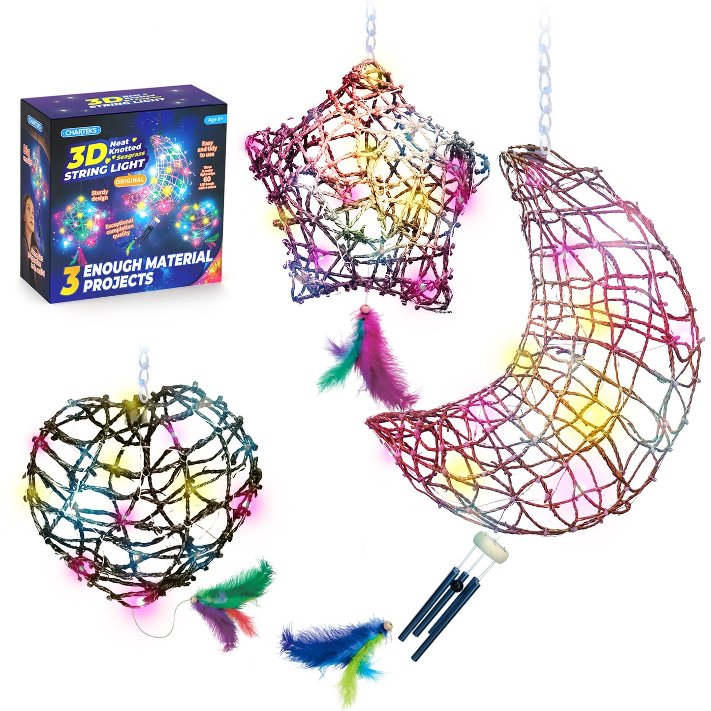 CHARTEKS 3D String Art Kit with LED Lights for Kids | Glue-Free Craft Kit with Wind Chime & Spray Paint | Creative Arts and Crafts Gift for Girls & Boys Ages 8-12 (Seagrass, Original)